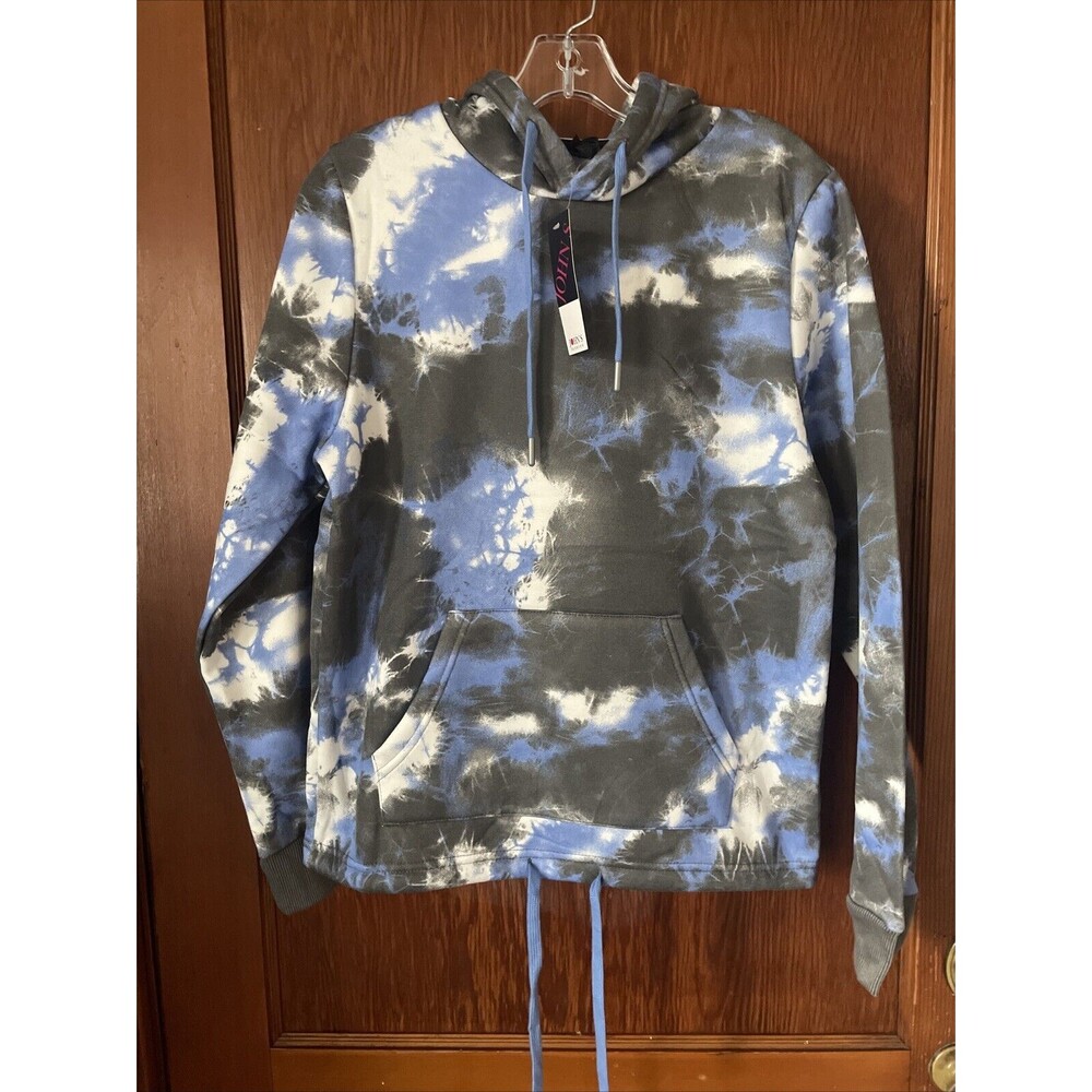 Mens Blue Black White Tie Dye Sweatshirt Hoodie Drawstring Pocket L NWT